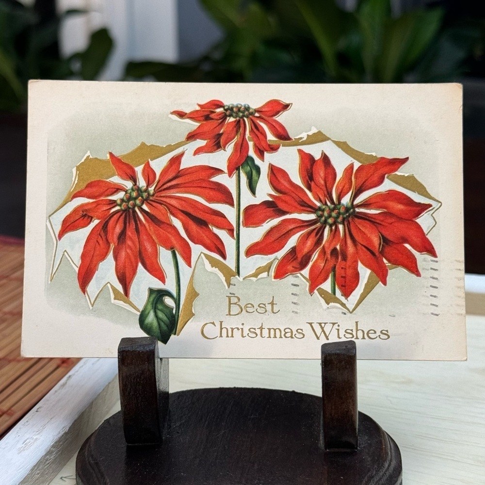 Best Christmas Wishes Postcard Embossed Red Poinsettias Gold Accent Antique 1913